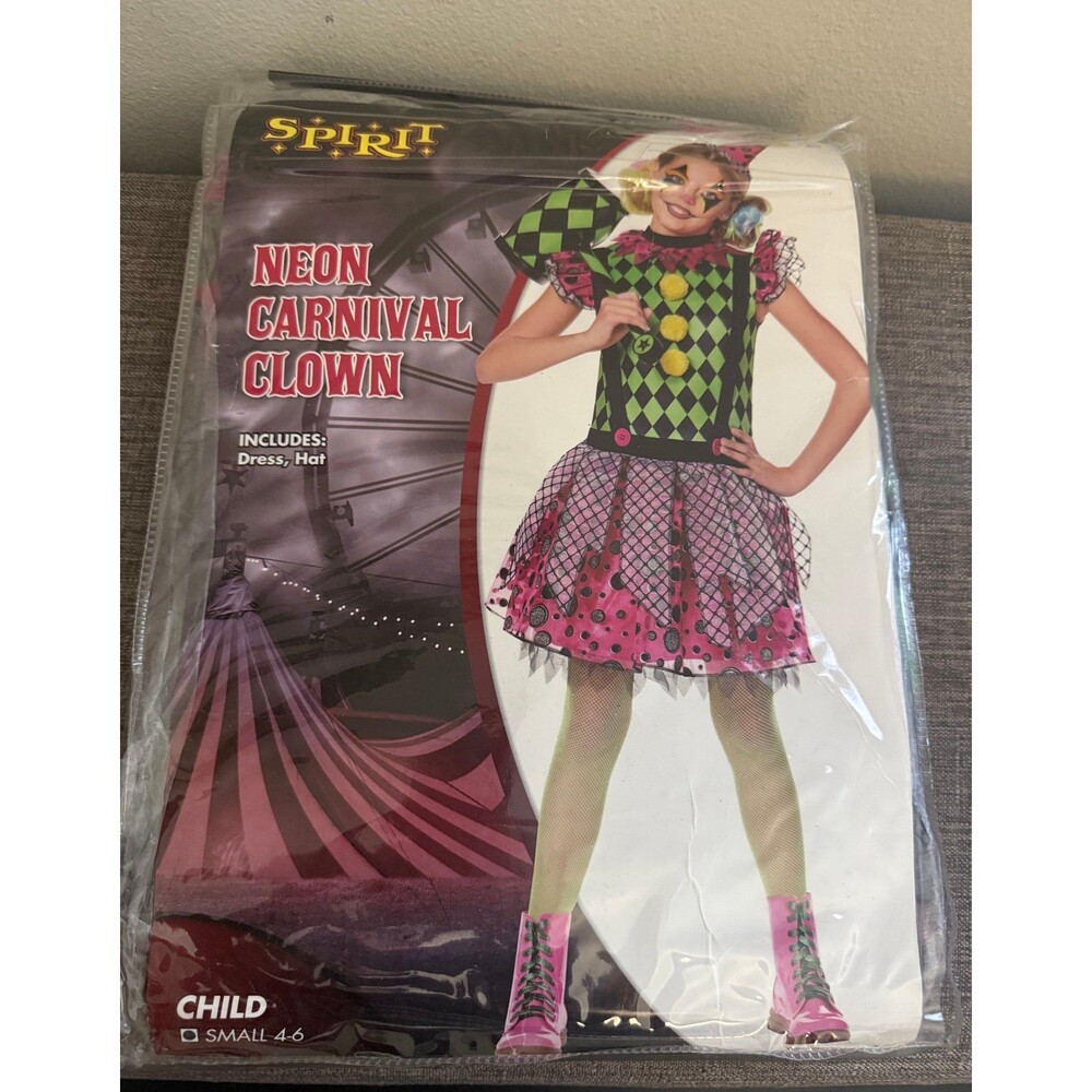 New Youth Girls Spirit Halloween Neon Carnival Clown Costume Size Small Size 4-6